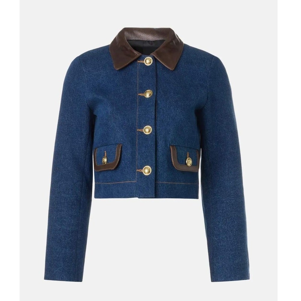 SANDRO Denim Jacket Leather Collar Cropped Button Front Blue Sz 40 FR / 8 US - Picture 7 of 16